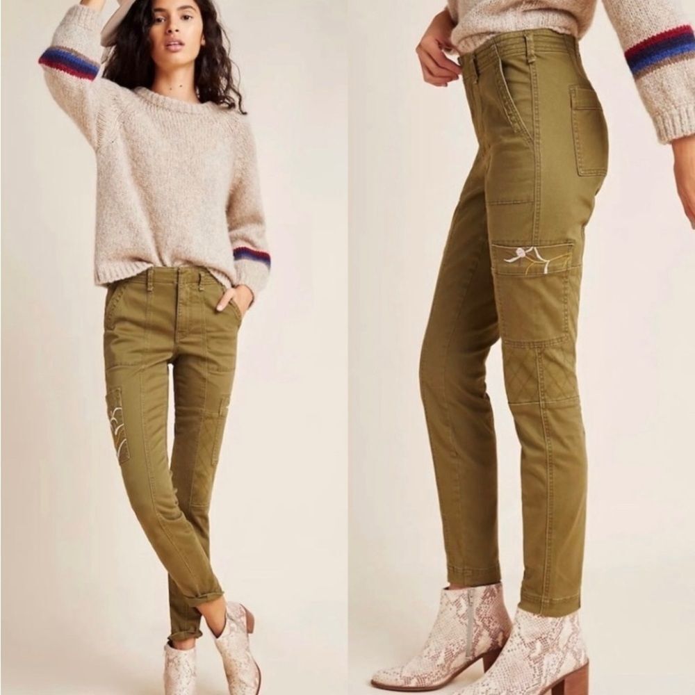 New Anthropologie Austen Embroidered Green Utility Pants Size 26